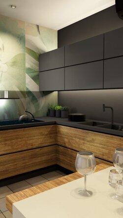 progetto di una cucina con carta da parati, legno chiaro e ante laccate per una ristrutturazione in provincia di Vercelli.